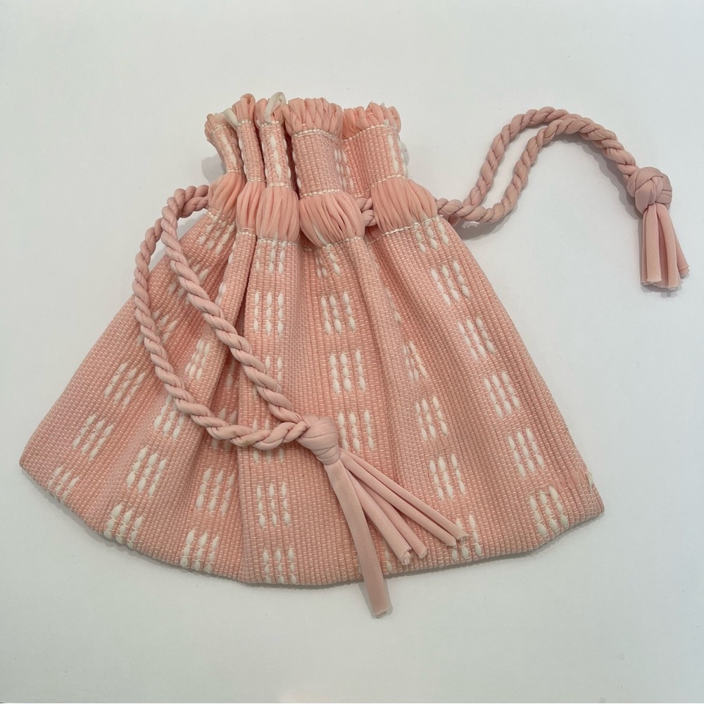 Vintage Pink Woven Drawstring carpet purse Excellent dead stock condition